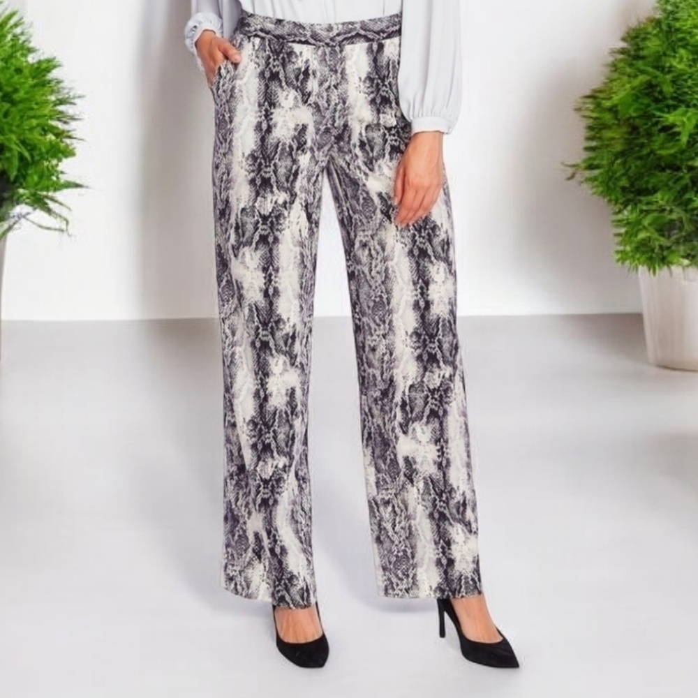 Vince Camuto Black and White Snake Print Wide Leg Pants